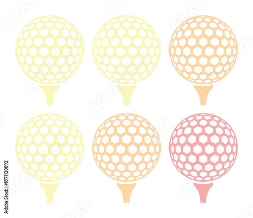 ゴルフボールとティーのベクターイラストセット、白背景に映えるグラデーションカラーのゴルフ用品、スポーツイベントやレジャー活動のグラフィック素材、ゴルフ大会の広告やウェブデザインに最適なコレクション