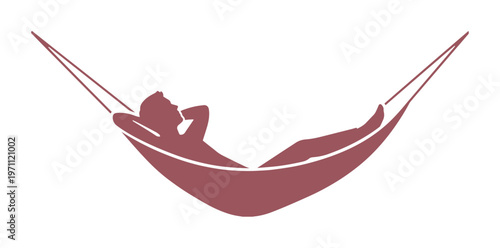 ハンモックでくつろぐ人々のシルエット、リラックスした休暇や夏のレジャーを表現するシンプルなベクターイラスト素材、休息と自由な時間を象徴するアイコンデザイン