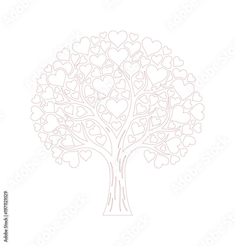 愛と生命の象徴、ハートの葉で彩られたロマンチックな木。バレンタインデーや結婚式のデザインに最適な、繊細なラインアートのベクターイラスト。
