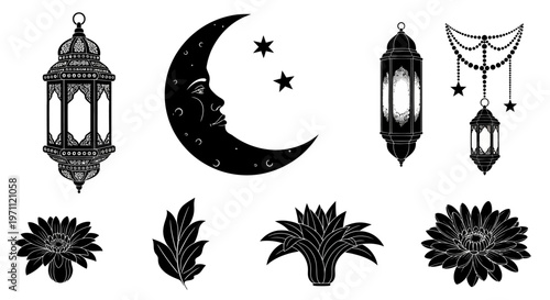 Ornate Celestial and Botanical Collection Stylized Moon, Stars, Lanterns, and Floral Engravings in Black and White Vector Art