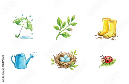 Watercolor Spring Icon Collection - Rain, Gardening, Nature