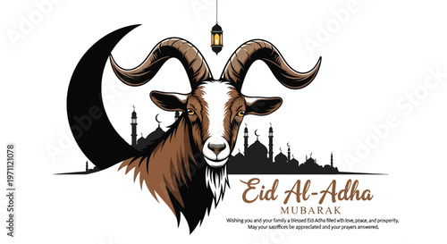 Eid al-Adha Mubarak greeting card with goat and mosque silhouette
