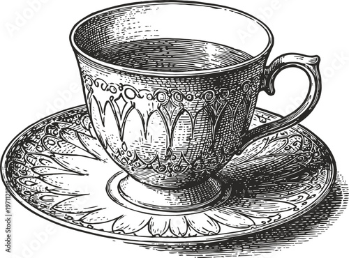 Vintage ornate teacup and saucer illustration in engraved with detailed floral patterns