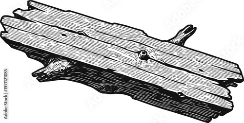 detailed black and white illustration of a wooden plank with natural texture and knots