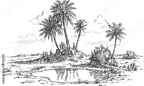 Desert oasis with palm trees and water pond, arid landscape, sparse vegetation, natural retreat
