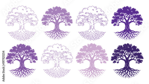 生命の木、根を張るオークの木々が織りなす神秘的なシンボルコレクション。自然と成長、家族の絆を象徴するエレガントなベクターイラスト素材。