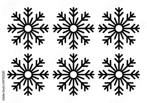 ミニマルな黒い雪の結晶アイコンセット、冬の季節感を表現するシンプルなベクターイラスト、クリスマスやホリデーデザインに最適な6つの雪片コレクション