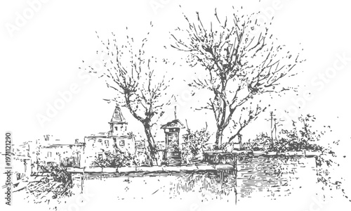 Black and white ink sketch of rustic village rooftops with leafless trees and simple architecture