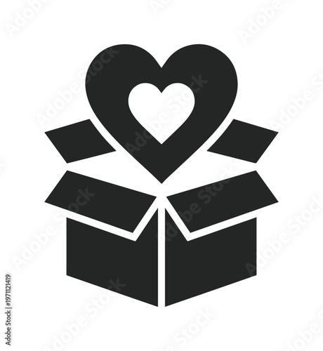 愛と感謝を伝えるハートが飛び出すギフトボックスのモノクロベクターアイコン、寄付やボランティア活動、チャリティイベントに最適なシンプルなデザインエレメント