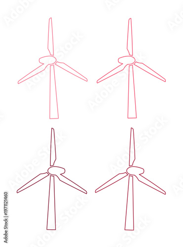 風力発電の風車、再生可能エネルギーとクリーンな電力供給を象徴するエコフレンドリーなベクターアイコンセット。持続可能な未来と環境保護を表現するシンプルなラインアート。