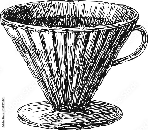 Hand drawn coffee dripper with handle, conical pour over brewing device, detailed vintage line art illustration