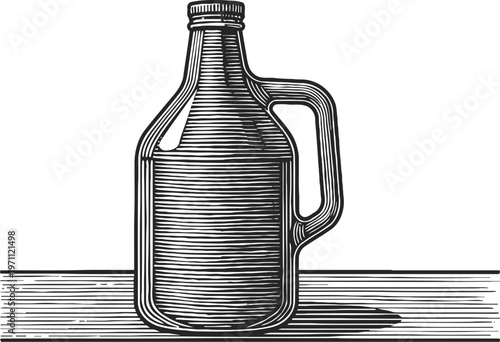 Vintage growler bottle with handle, engraved black and white illustration isolated on white background