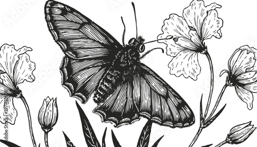 Black butterfly feeding on blooming flowers detailed insect and nature botanical illustration with leaves and floral elements
