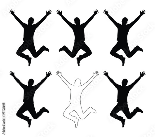喜びを表現するジャンプする人々のシルエット、躍動感あふれる男性のベクターイラストセット、成功と自由を象徴する躍動的なポーズ、ポジティブな感情を伝えるグラフィック素材