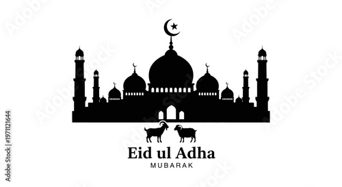 Elegant black silhouette illustration of a mosque with a crescent moon and star, symbolizing the joyous Islamic festival of Eid al-Adha with sacrificial goats