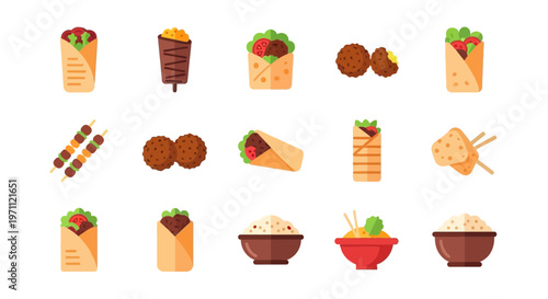 Middle Eastern Halal Food Vector Icon Set Kebab Shawarma Falafel and Rice in Flat Design Style
