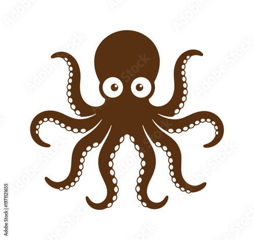 かわいいタコのベクターイラスト、海の生き物、海洋生物のシンプルなアイコンデザイン、子供向け教育素材や水族館のグラフィックに最適な茶色のタコ。