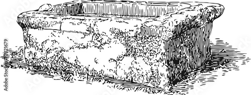 Ancient stone basin with moss and weathered texture, historical artifact hand drawn engraving