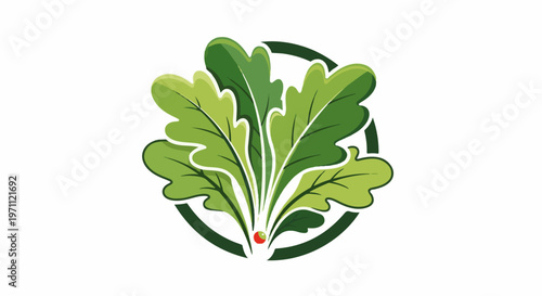 Vibrant green leafy vegetable with a tiny red berry inside a circular frame