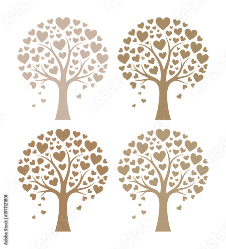 愛と生命の象徴、ハートの葉が茂る木々、ロマンチックな結婚式やバレンタインデーにぴったりのベクターイラスト素材、4種類のデザイン