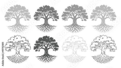 生命の樹、根と枝が力強く広がるオークの木々、自然と成長を象徴するベクターイラストセット、環境保護やファミリーツリーデザインに最適な8種類のモノクロアイコン