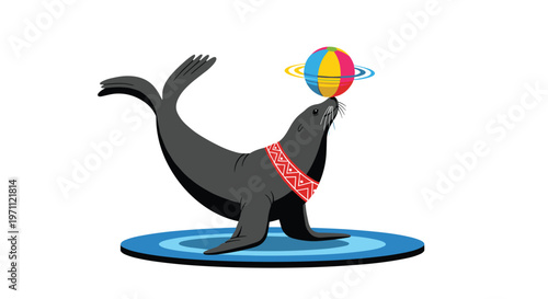 Trained black seal balancing a colorful beach ball on its nose while wearing a red patterned collar in a circus or aquarium.