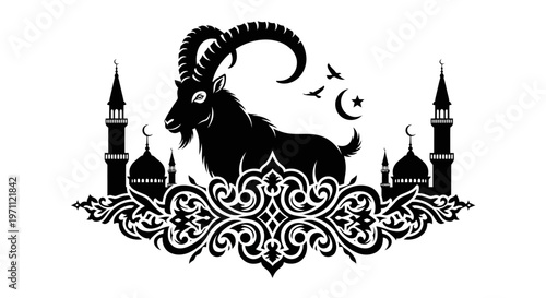 Islamic illustration featuring a goat, mosques, and crescent moon with stars