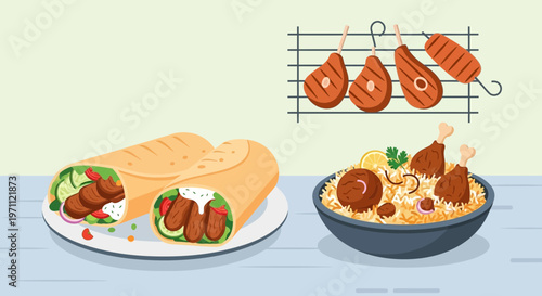 Middle Eastern Halal Cuisine Set with Beef Shawarma, Chicken Biryani Rice, and Grilled Lamb Chops Illustration