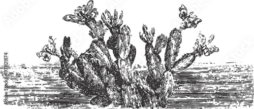 vintage engraving of prickly pear cactus plant with spines and pads in desert landscape