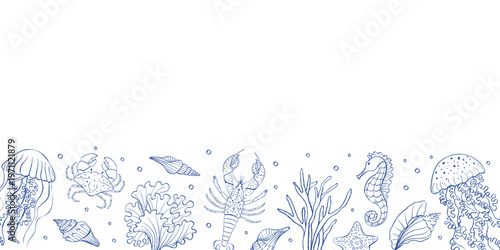 Marine life horizontal frame with jellyfish, crab, lobster, seahorse, shells and coral. Hand drawn vector illustration in vintage style for packaging, branding, print, banner and textile design