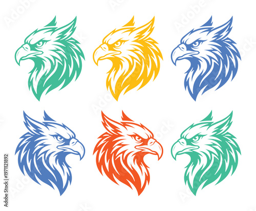 力強く威厳のあるグリフォンの頭部イラストセット、神話上の生き物を表現したカラフルなベクターアイコン、エンブレムやロゴデザインに最適なファンタジー動物のコレクション
