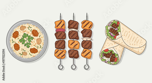 Middle Eastern Halal Food Set with Biryani Rice, Shish Kebab, and Beef Shawarma Wrap Illustration