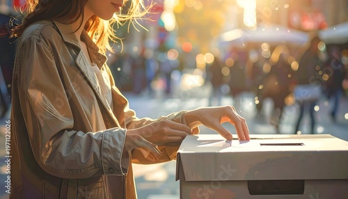 Woman Casting Vote in Ballot Box During Election Day.