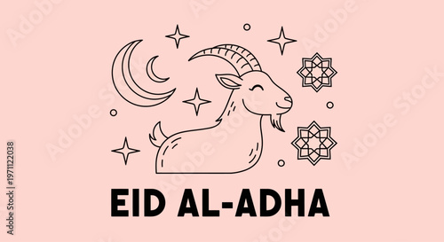 Celebratory Goat with Crescent Moon and Stars, a Line Art Illustration for Islamic Festival