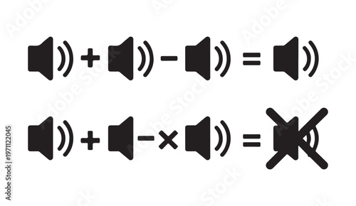 Audio volume management logic illustration with mathematical operations using speaker symbols for sound level.