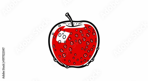 Vibrant red apple illustration with water droplets, set against a white background
