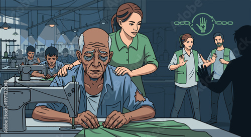 Weary elder sewing, aided by woman, confronting oppression in a factory