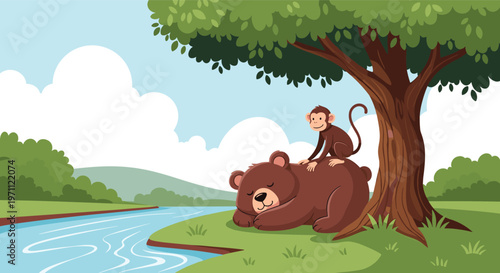 Brown bear sleeping peacefully under a large tree with a small monkey sitting on its back next to a calm blue river.