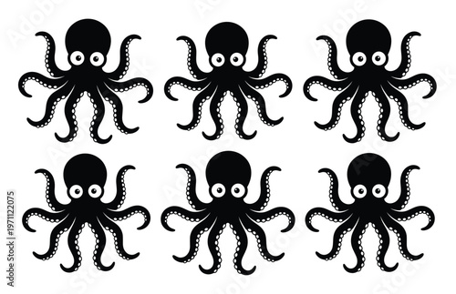 かわいいタコのベクターイラストセット、シンプルでモダンな海洋生物のアイコン、海の生き物のキャラクターデザイン、水族館や子供向けコンテンツに最適な黒いタコ。