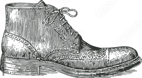 Detailed vintage men's leather brogue boot illustration with laces and stitching design