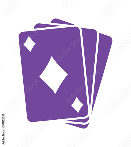トランプカードのベクターイラスト、紫色のダイヤのカードが重なり合う、カジノやゲーム、エンターテイメントを象徴するシンプルなアイコンデザイン、遊び心のあるグラフィックリソース