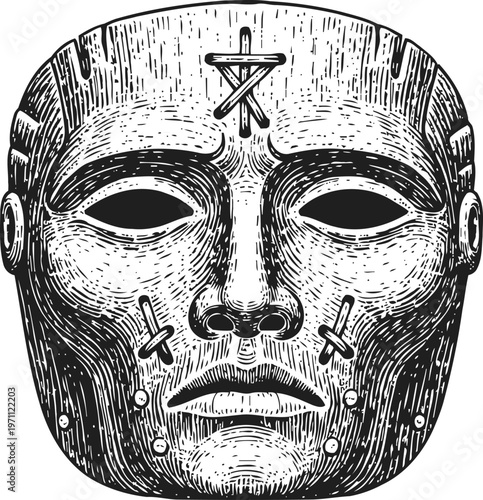 Ancient tribal mask with symbolic carvings and hollow eyes, detailed black and white engraving