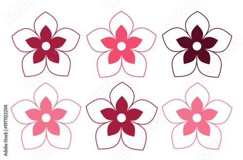 桜の花びら、ピンクと赤のグラデーションが美しい春の訪れを告げる6種類のベクターイラスト素材。和風デザインや季節のイベントに最適な、繊細で優雅な桜のアイコンセット。