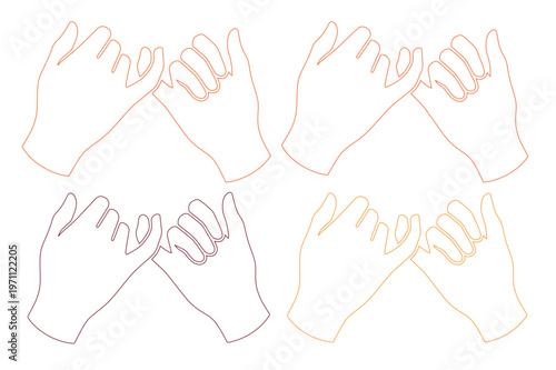 約束の指切り、友情や信頼を象徴する手と指のジェスチャー、絆と誓いを表現するミニマルな線画ベクターイラストセット。