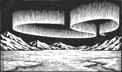 Northern lights over snowy mountain landscape with icy lake and starry night sky