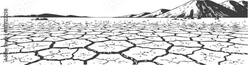 cracked dry earth landscape with barren ground and distant mountainous horizon under clear sky
