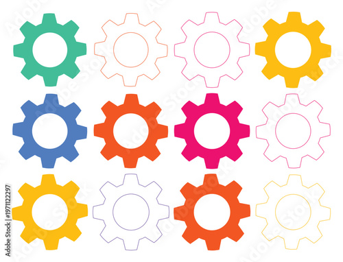 カラフルな歯車アイコンセット、ビジネスやテクノロジーの概念を表現するベクターイラスト素材、様々な色とアウトラインの歯車デザイン、プロセスや連携の視覚化に最適なグラフィックリソース
