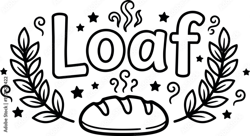 Fototapeta premium Black and white line art loaf lettering with steaming bread and laurel branches