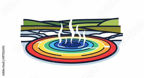 Vibrant, steaming geothermal pool with colorful rings and rolling hills backdrop