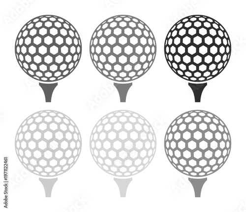 ゴルフボールとティーのモノクロベクターアイコンセット。スポーツ、レジャー、ゴルフコースのグラフィックデザイン素材、ウェブサイトやアプリのUI/UXエレメントに最適な、様々な濃淡のゴルフボールイラスト。
